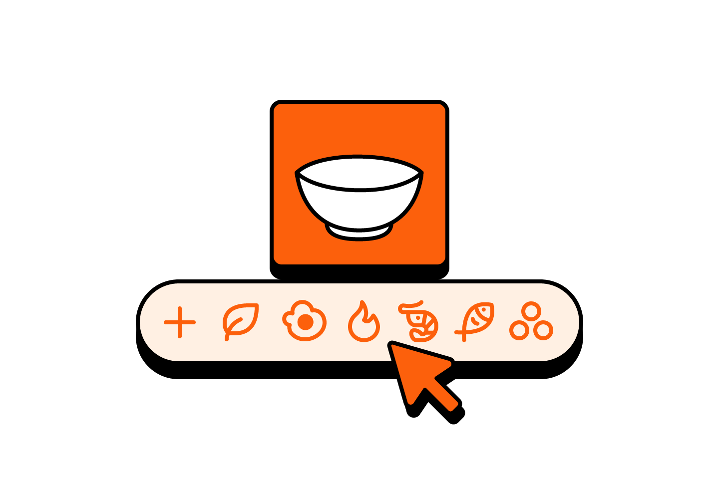 Build-your-own menu interface with a bowl icon, ingredient choices, and a cursor selecting options