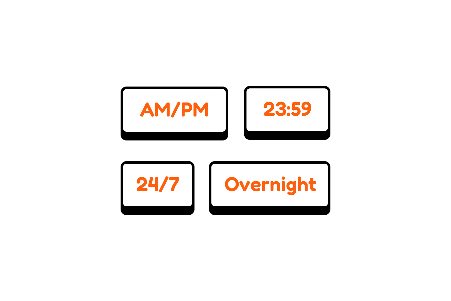 Hours cards showing AM/PM, 23:59, 24/7, and Overnight service options