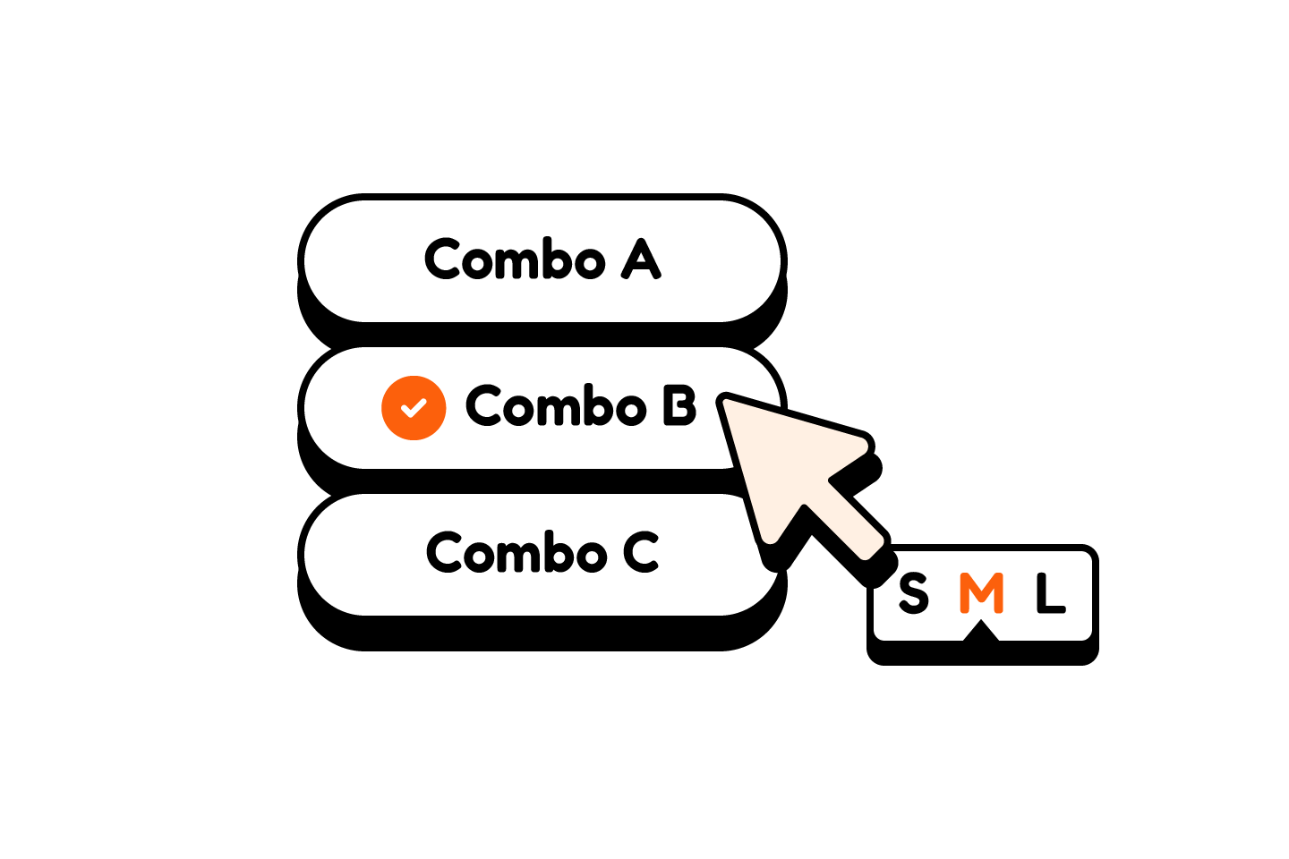 Combo selection menu with Combo A, Combo B, and Combo C options plus a size selector