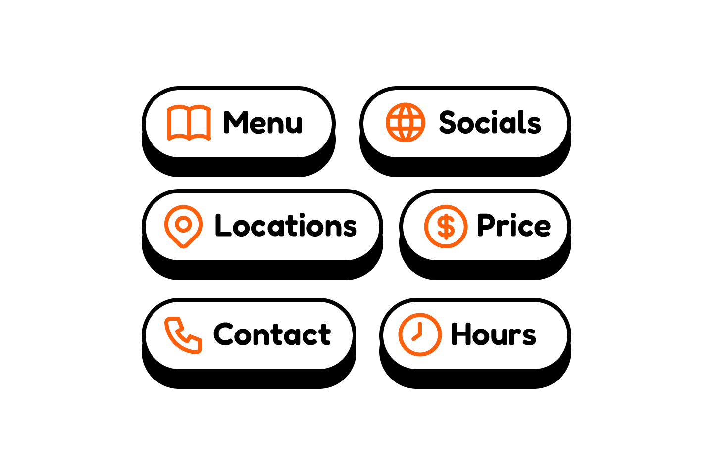 Restaurant website preview showing opening hours, location, contact details, and links organized together on one page