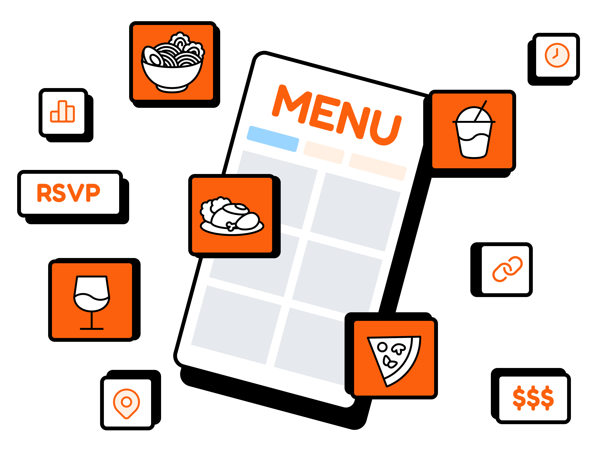 Digital menu for a food business showing menu sections, featured items, and quick action links