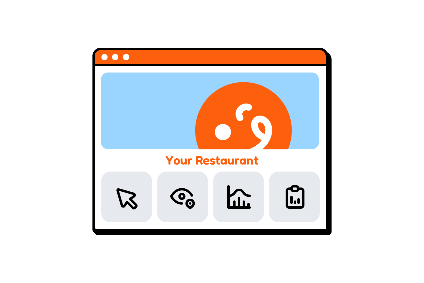 Restaurant link-in-bio dashboard with shortcut tiles for links, location details, analytics, and business actions