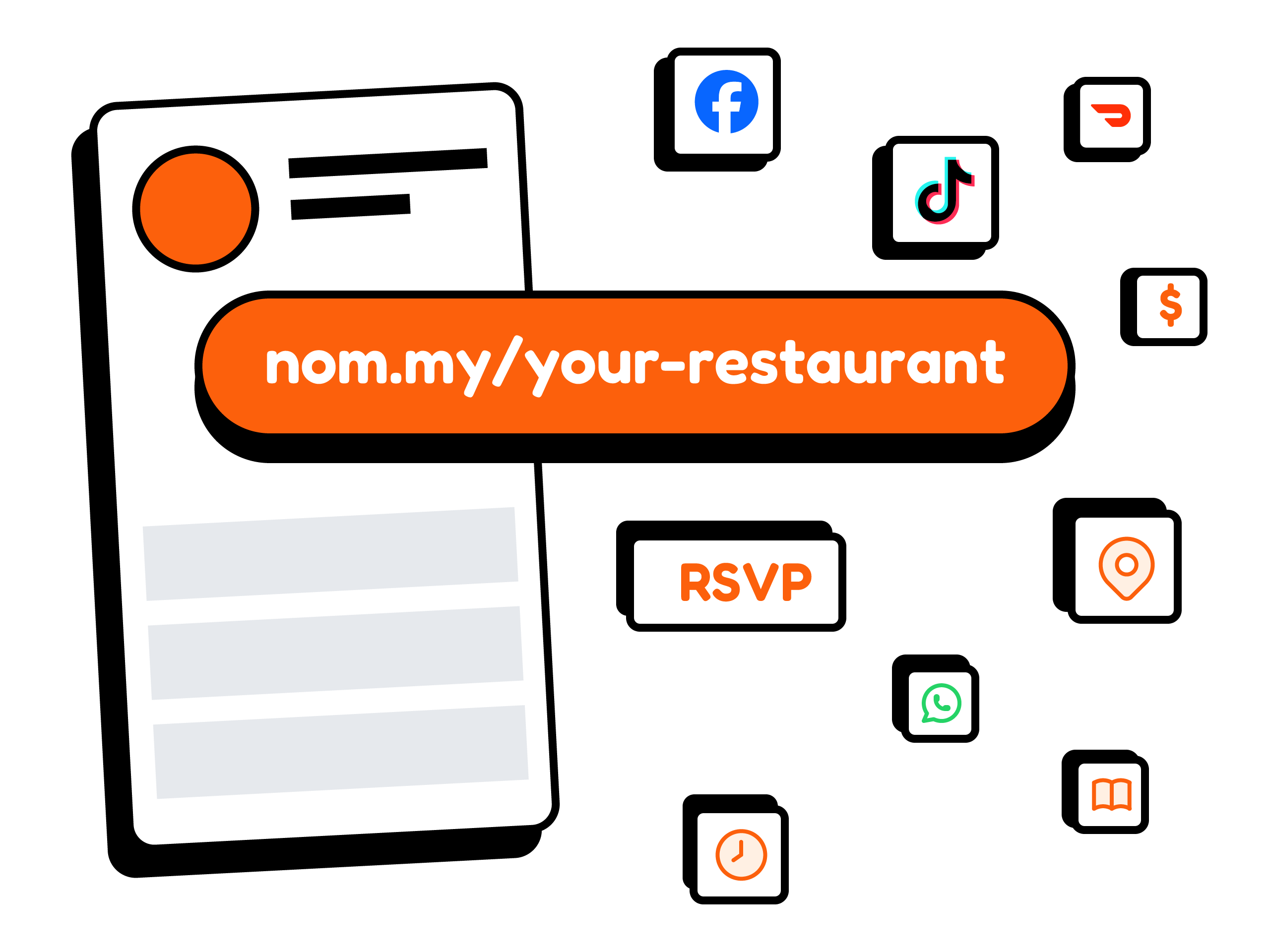 Restaurant link-in-bio page with a branded short link, social icons, WhatsApp, reservations, and location links
