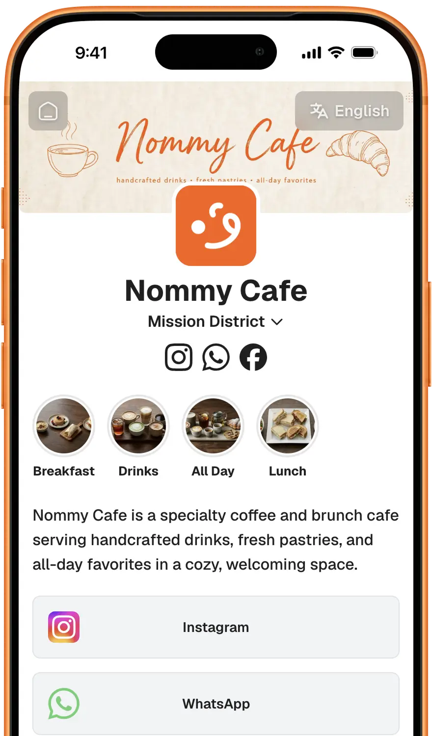 Nommy mobile restaurant website preview with a hero image, quick links, and business details