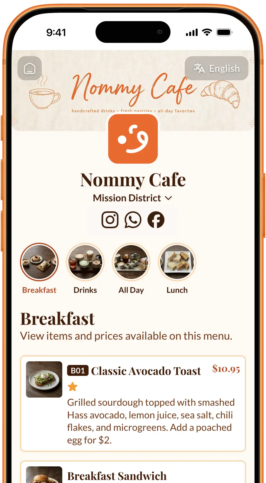 Nommy mobile digital menu preview with menu categories, item photos, and prices