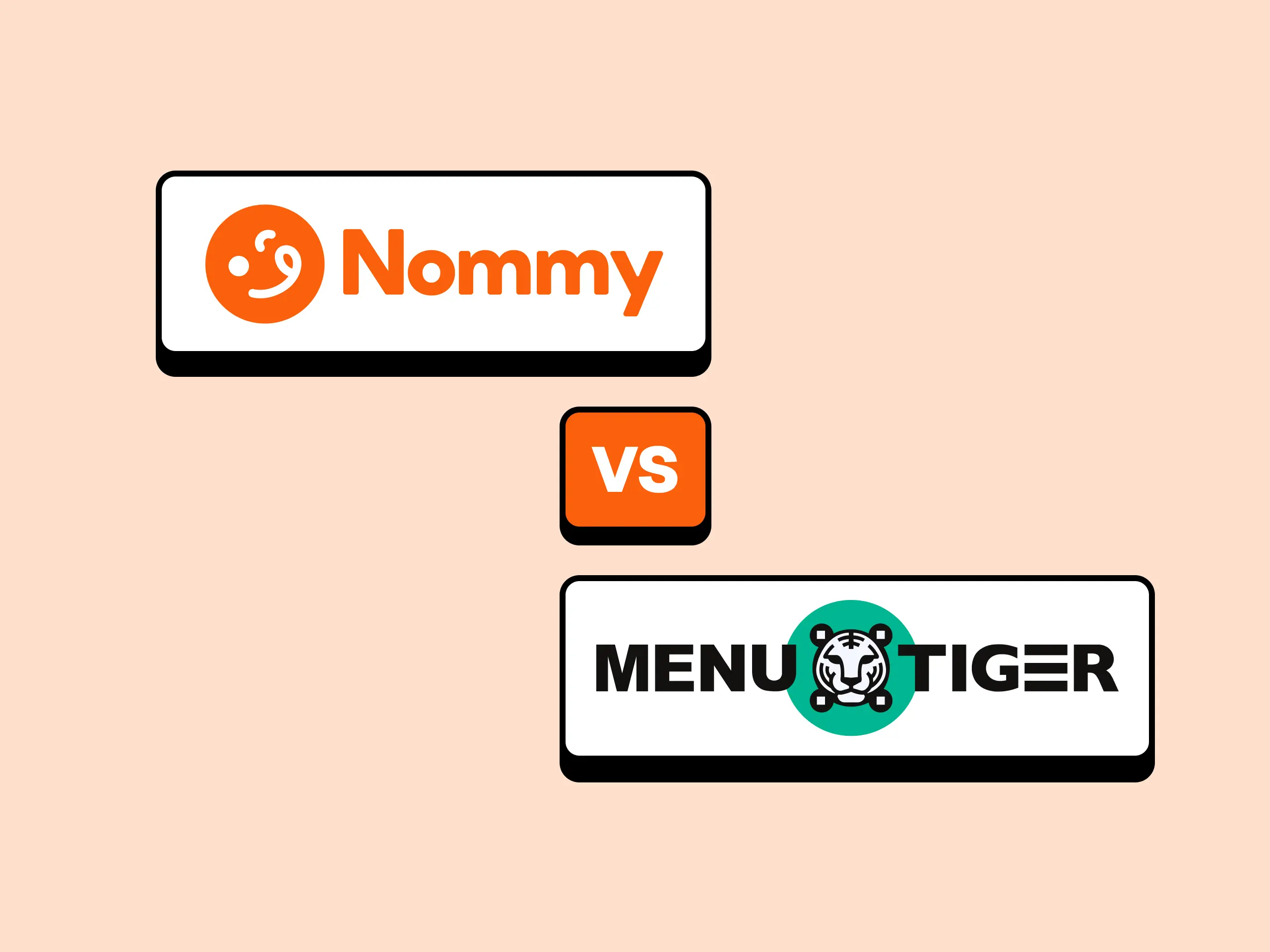 Nommy vs Menu Tiger: side-by-side comparison of the Nommy website and digital menu interface with Menu Tiger's QR code ordering dashboard