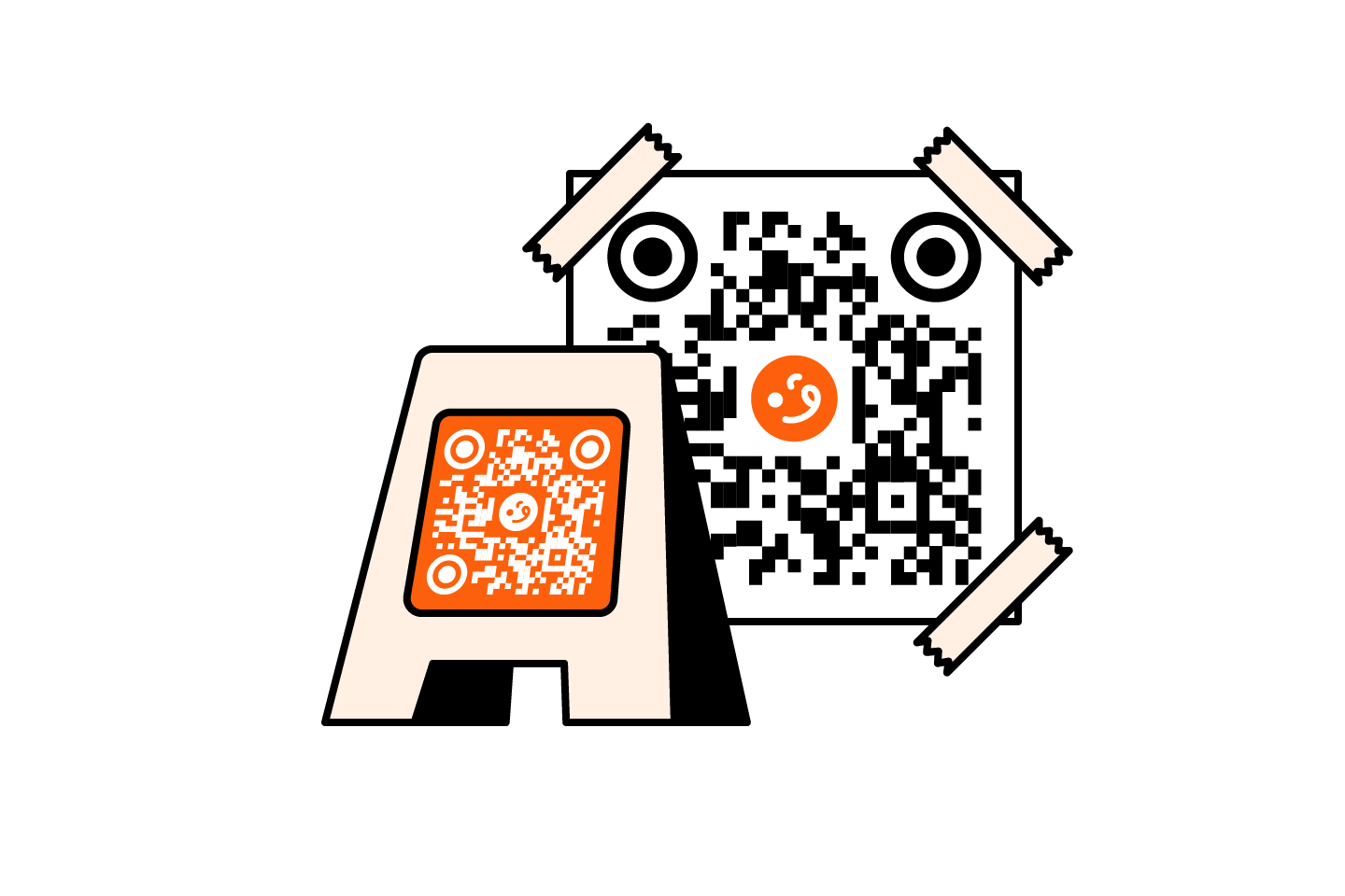 Counter sign and wall poster displaying QR codes for opening a cafe menu on mobile