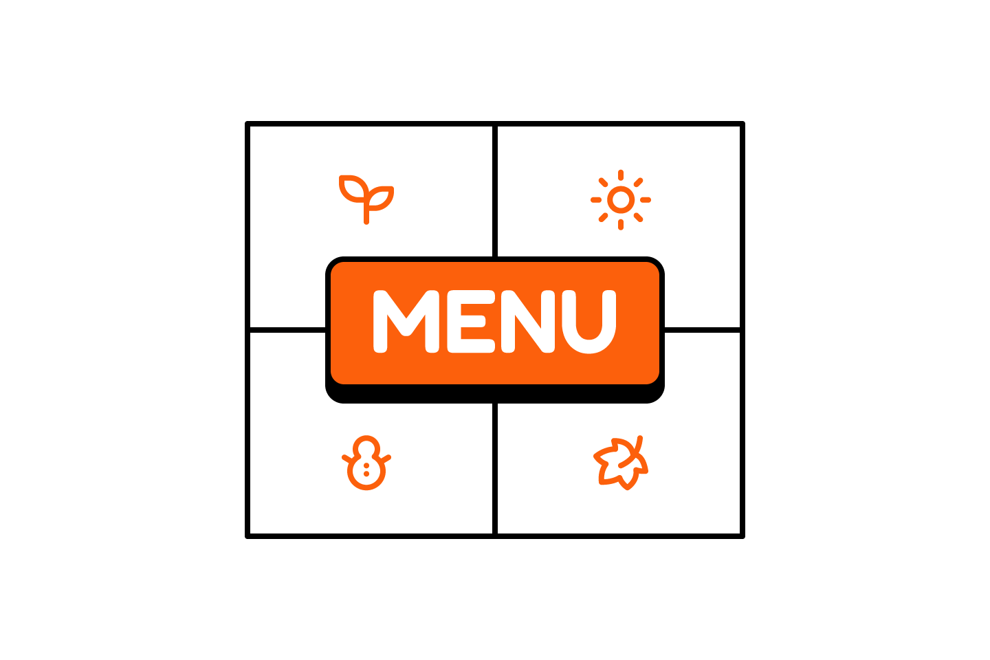 Orange MENU label centered on a four-panel grid with seasonal icons