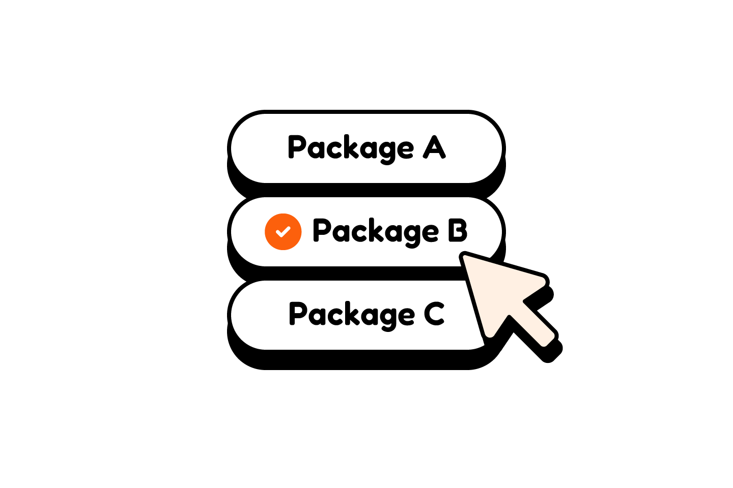Package selection list with Package B selected and a cursor pointing at the options