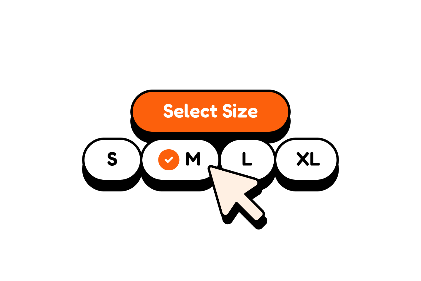 Size selection interface with S, M, L, and XL options and a cursor selecting medium