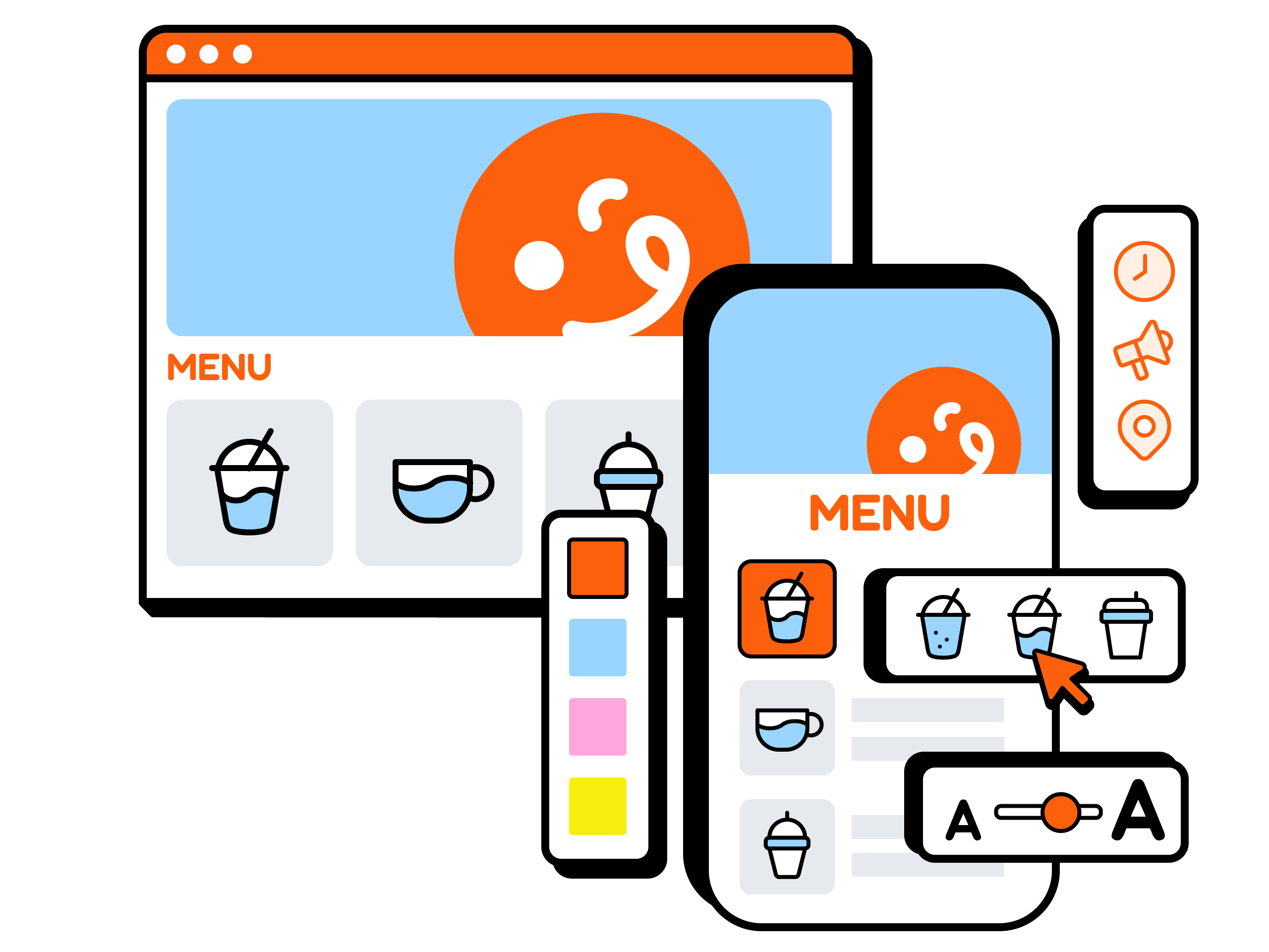 Food business website preview with a mobile-friendly digital menu, theme controls, and contact icons