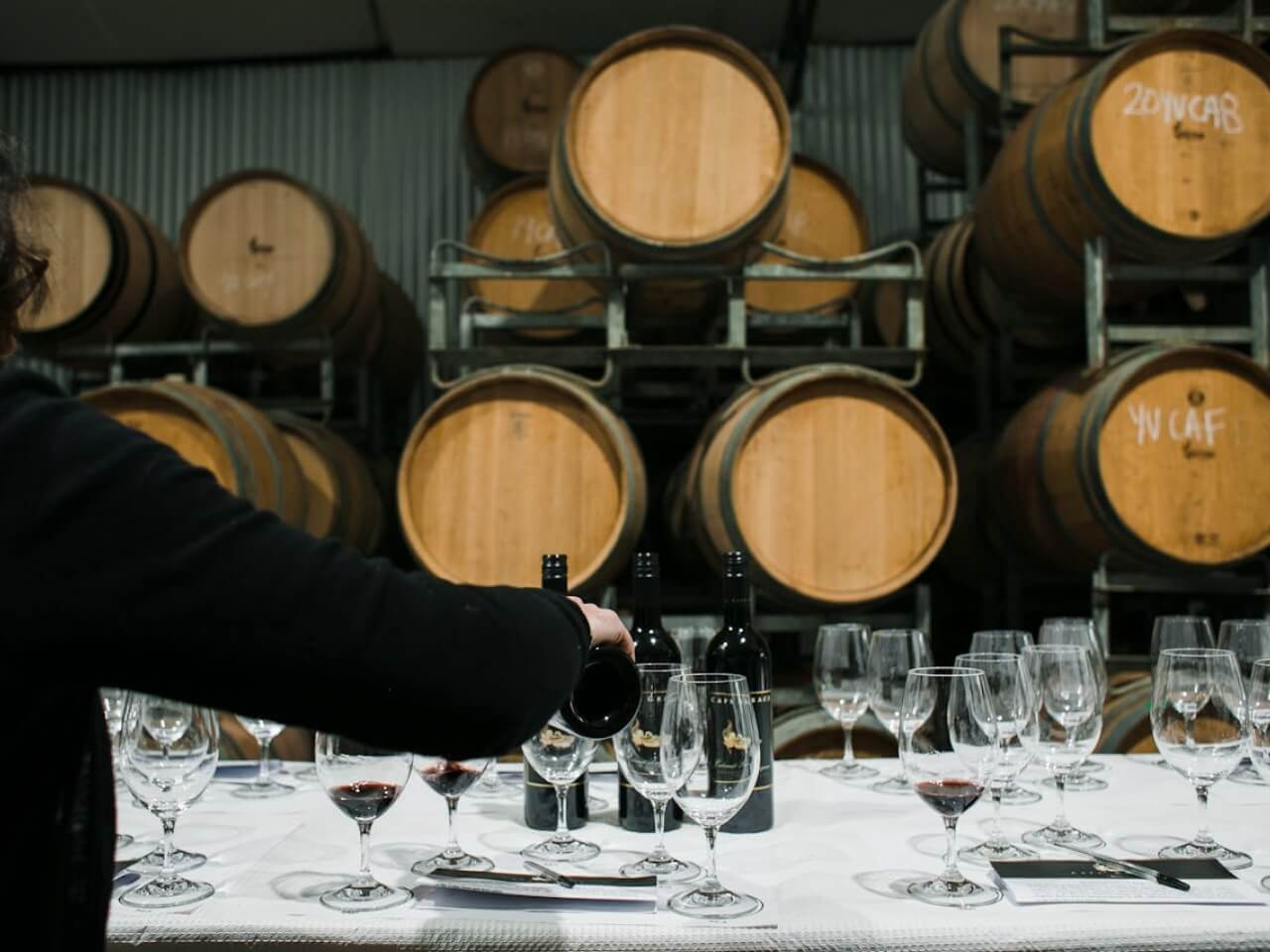 Person pouring red wine into tasting glasses in front of stacked oak barrels